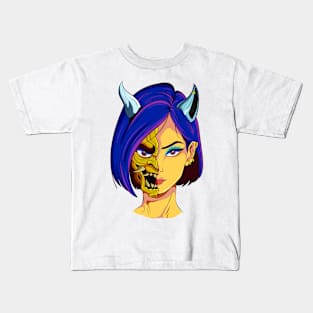 The Oni Masked Beauty - Japanese vector art - Kids T-Shirt